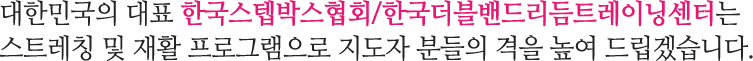 대한민국의 대표 한국스텝박스 협회는 스트레칭 및 재활 프로그램으로 지도자 분들의 격을 높여 드리겠습니다.